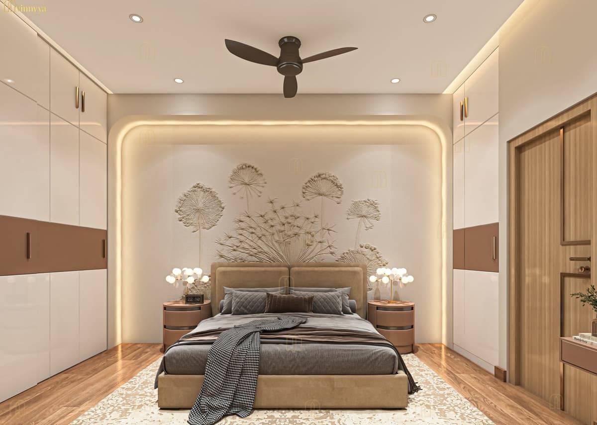 Bedroom with a sculpted relief wall panel outlined in LED light — Aria, Varanasi