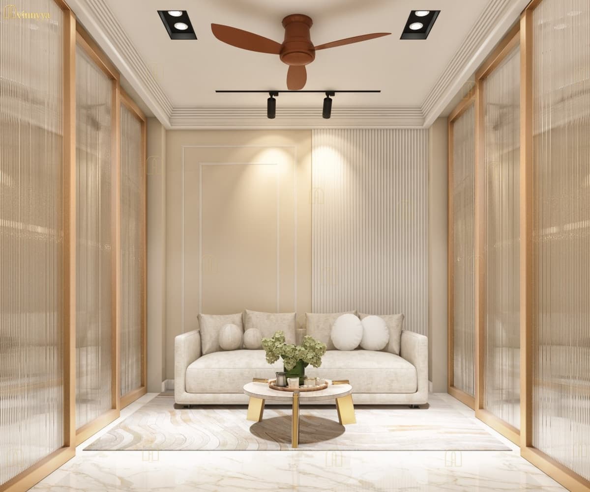 Sitting nook with a clean white ceiling and recessed lights — Aria, Varanasi