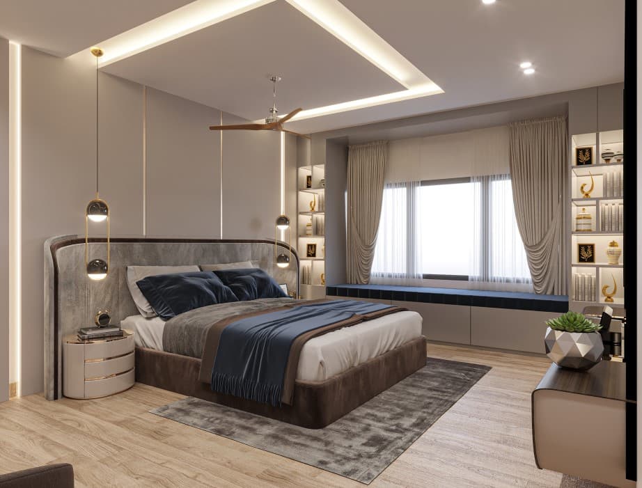 Master bedroom with a layered tray ceiling and cove lighting — Azure, Bangalore
