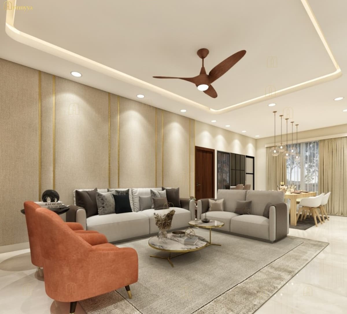 Open-plan living and dining area with a cove-lit ceiling — Azure, Bangalore