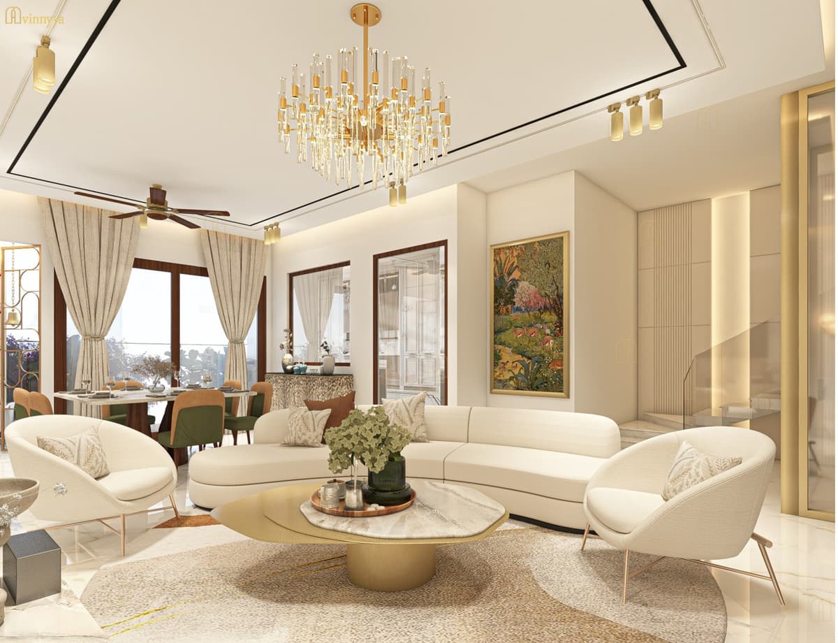 Living room with a crystal chandelier and soft neutral palette — Elysium, Varanasi
