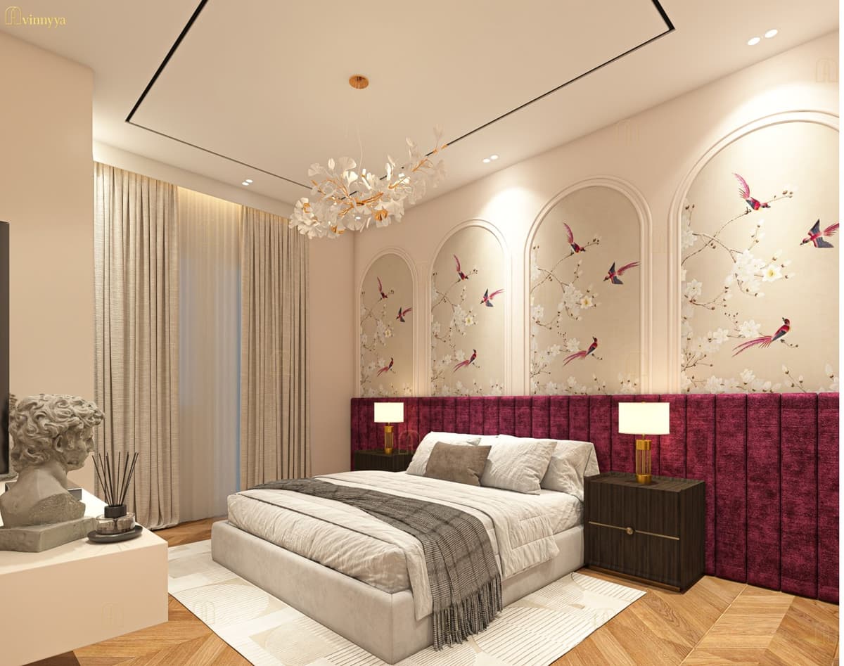 Bedroom in cream with burgundy and bird-motif panels — Elysium, Varanasi