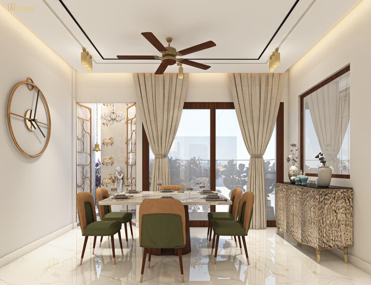 Dining room with sage-green chairs and a console — Elysium, Varanasi