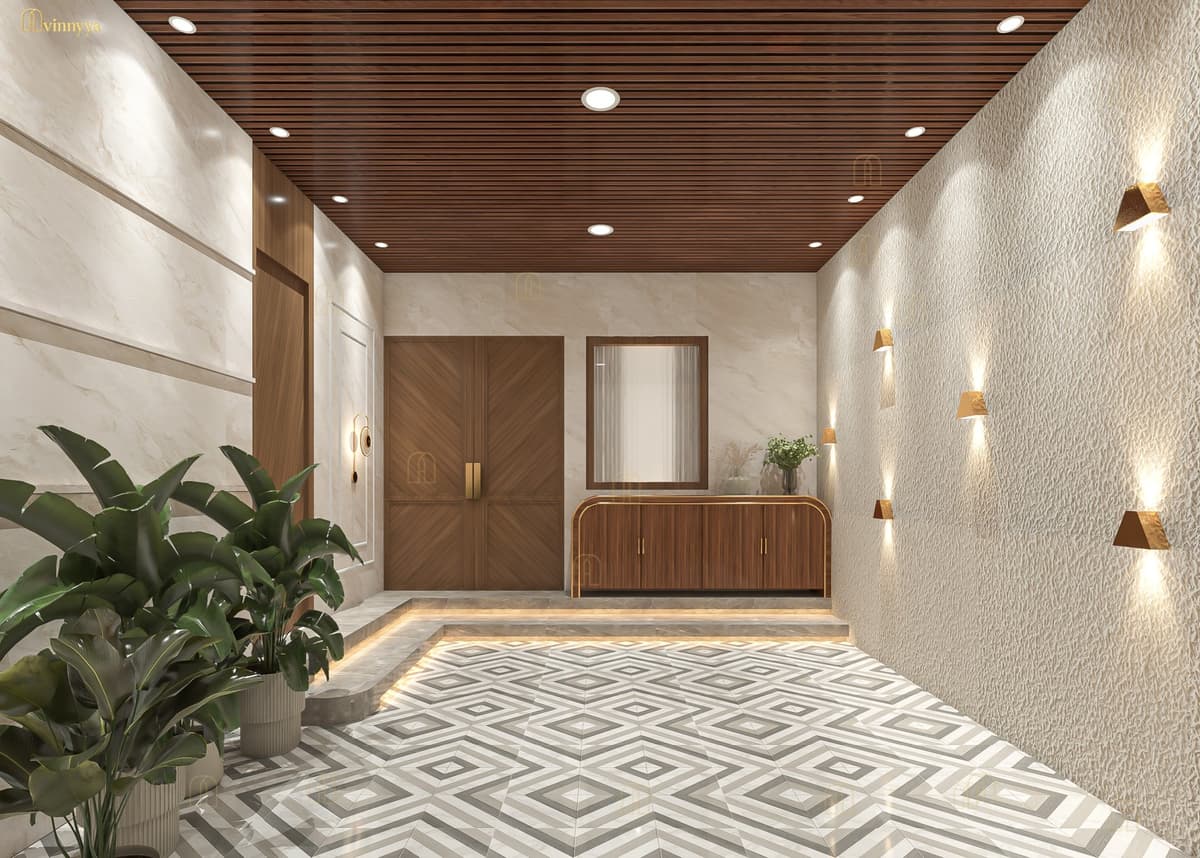 Foyer with a wooden slat ceiling — Elysium, Varanasi