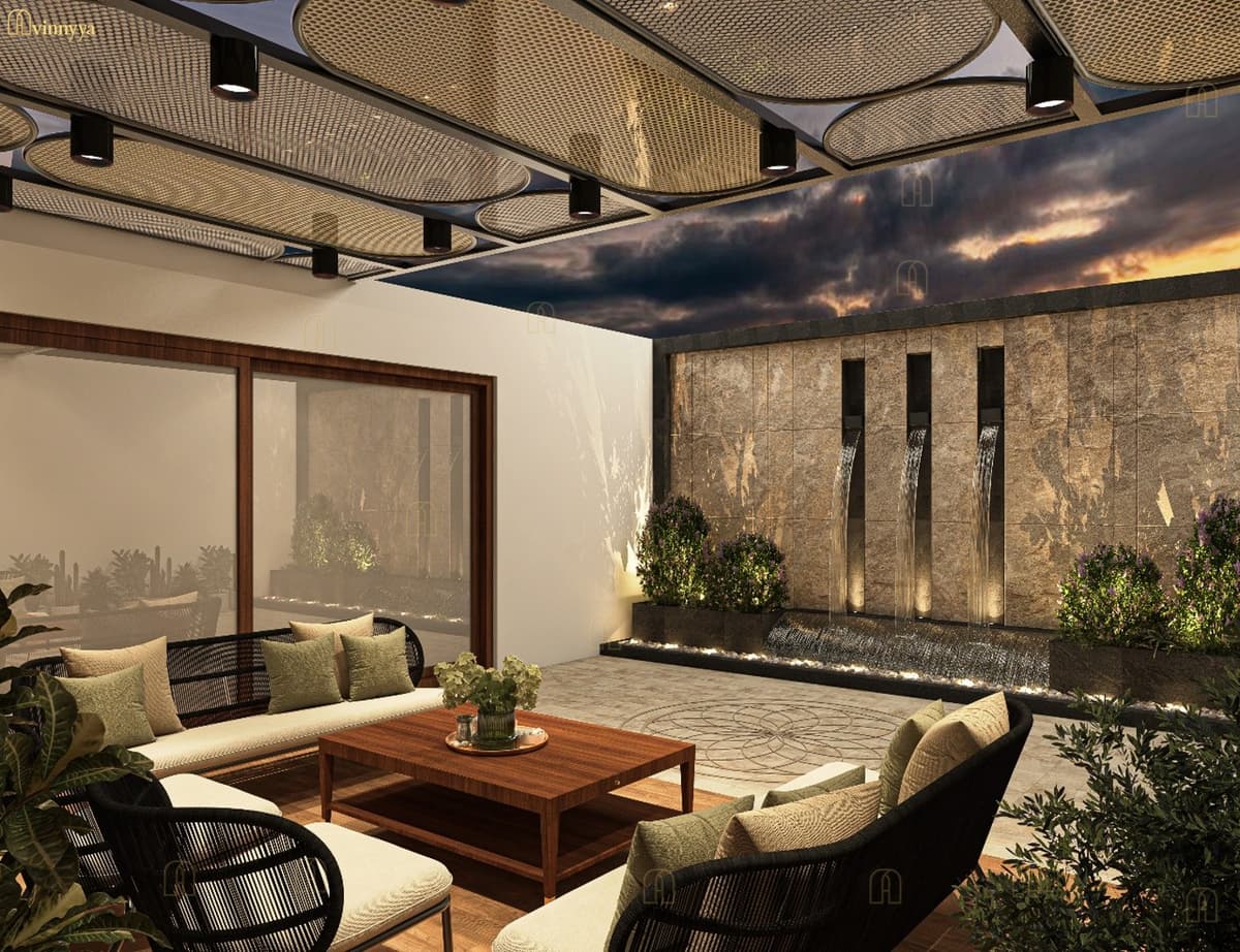 Terrace lounge at dusk under a glass pergola — Elysium, Varanasi