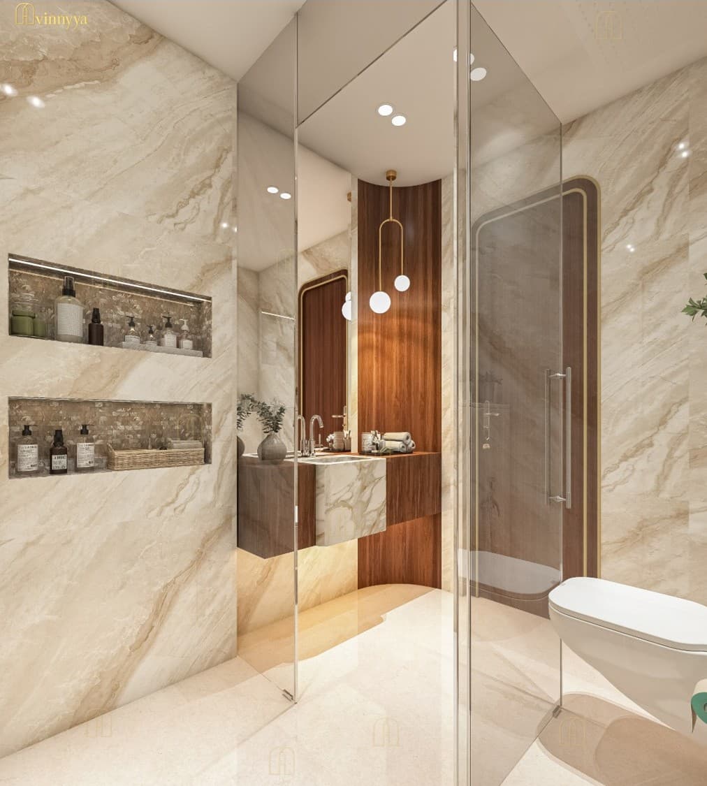 Marble bathroom with a glass shower and recessed niches — Elysium, Varanasi