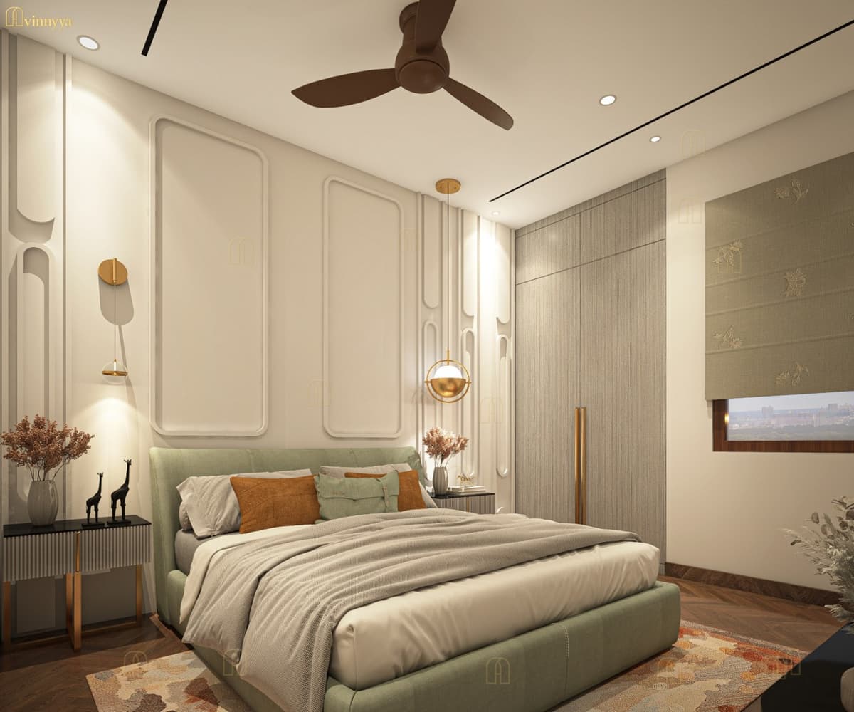 Bedroom with wall mouldings and a sage-green bed — Elysium, Varanasi