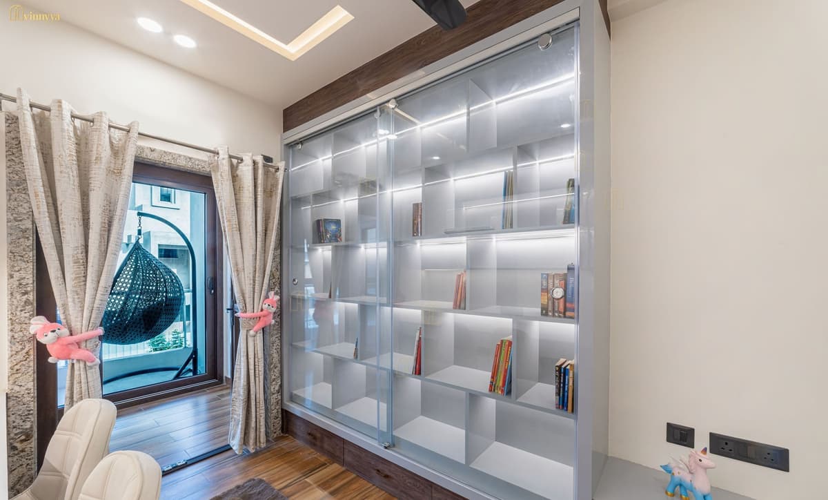 Study corner with backlit white shelving — Orabella, Varanasi