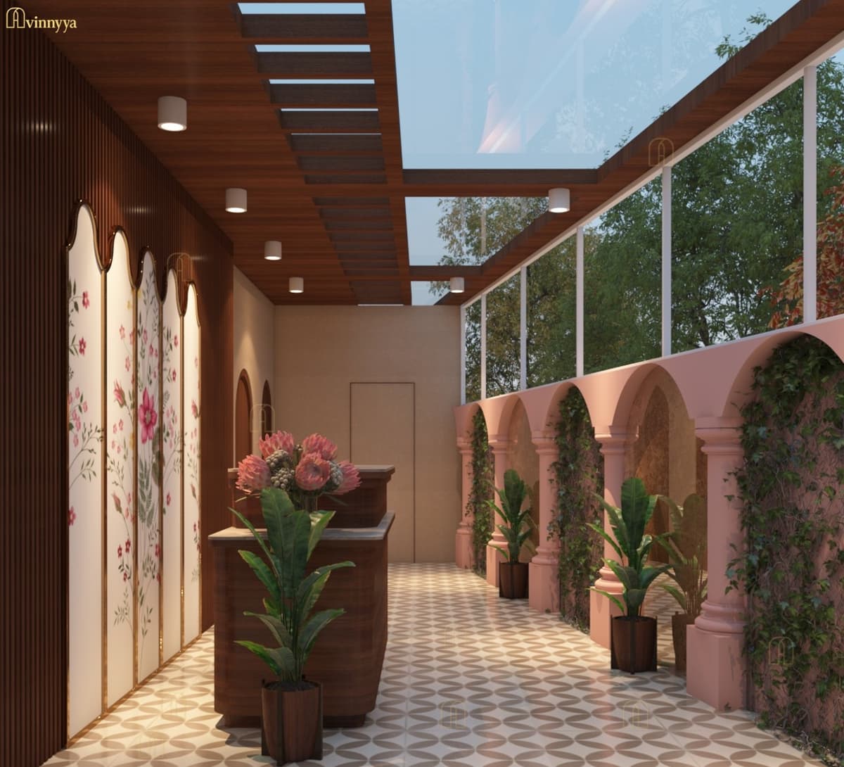 Hotel corridor with a wood-slat ceiling and arches — Rangoon Palace, Varanasi