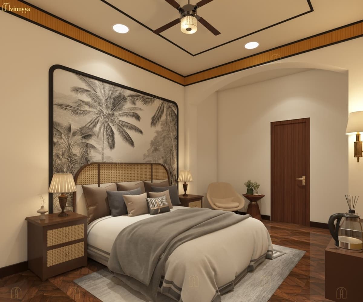 Bedroom with a botanical patterned wall panel — Rangoon Palace, Varanasi