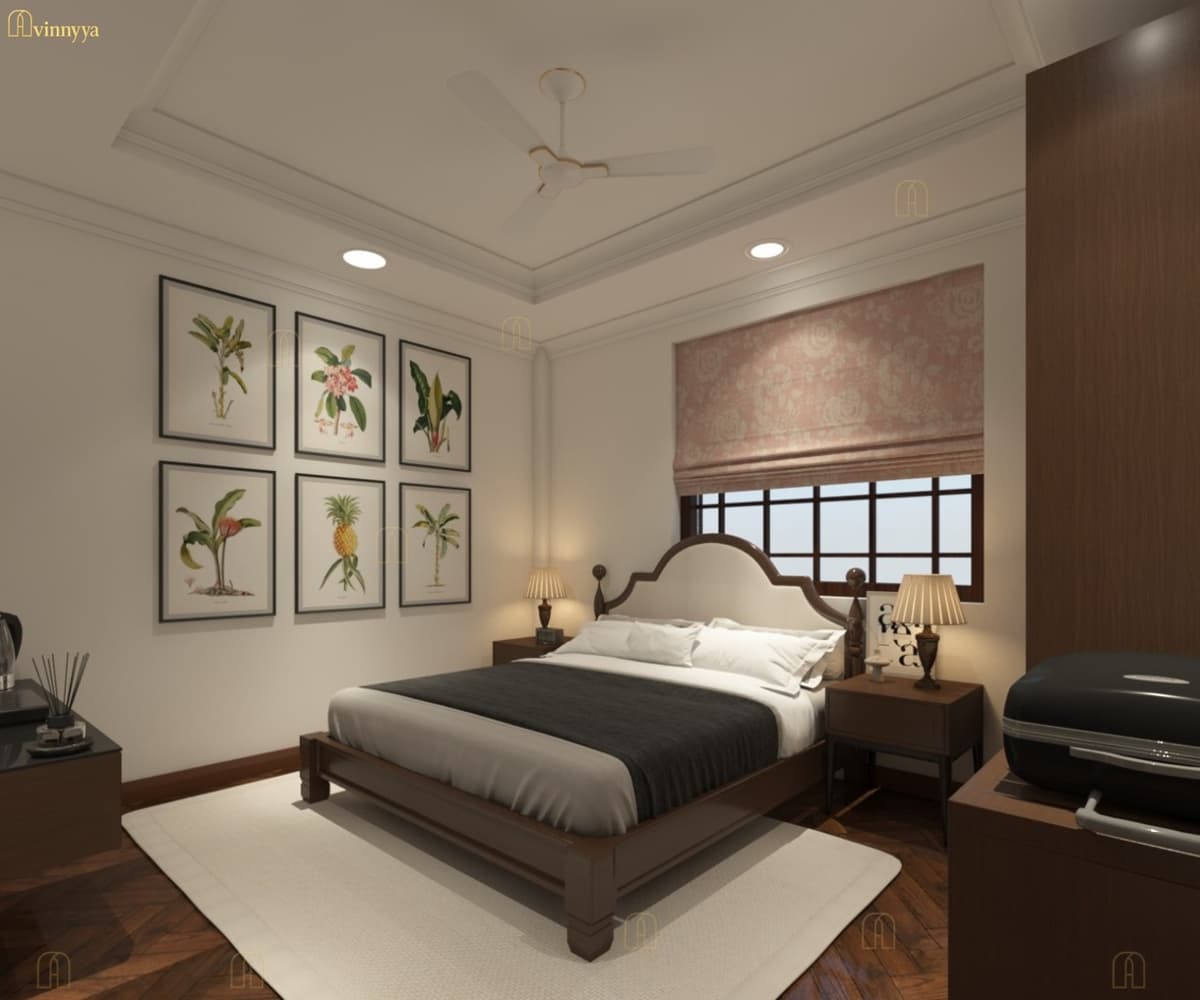 Compact bedroom with botanical prints — Rangoon Palace, Varanasi