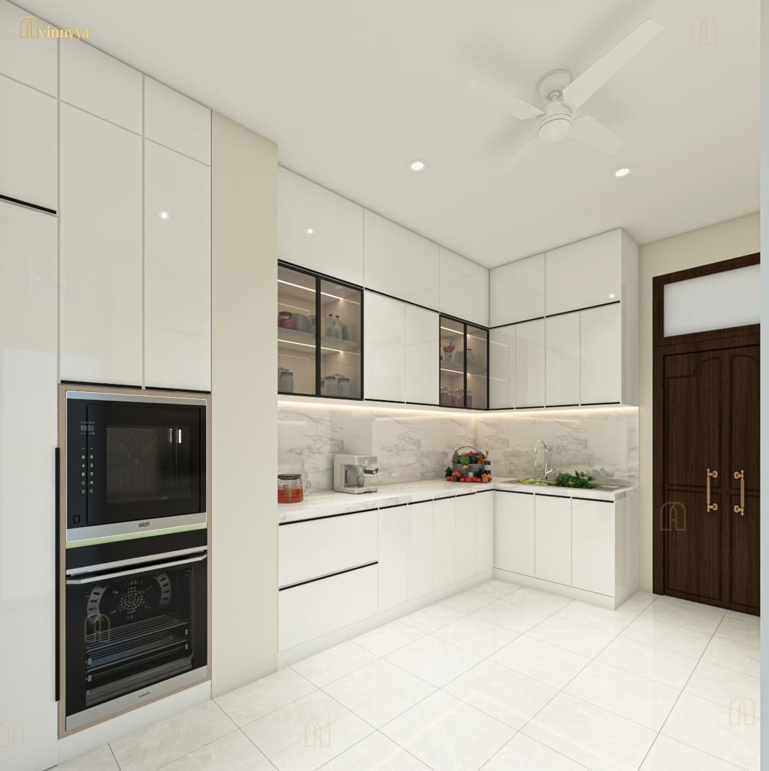 Compact white modular kitchen with built-in appliances — Sannidhi, Varanasi