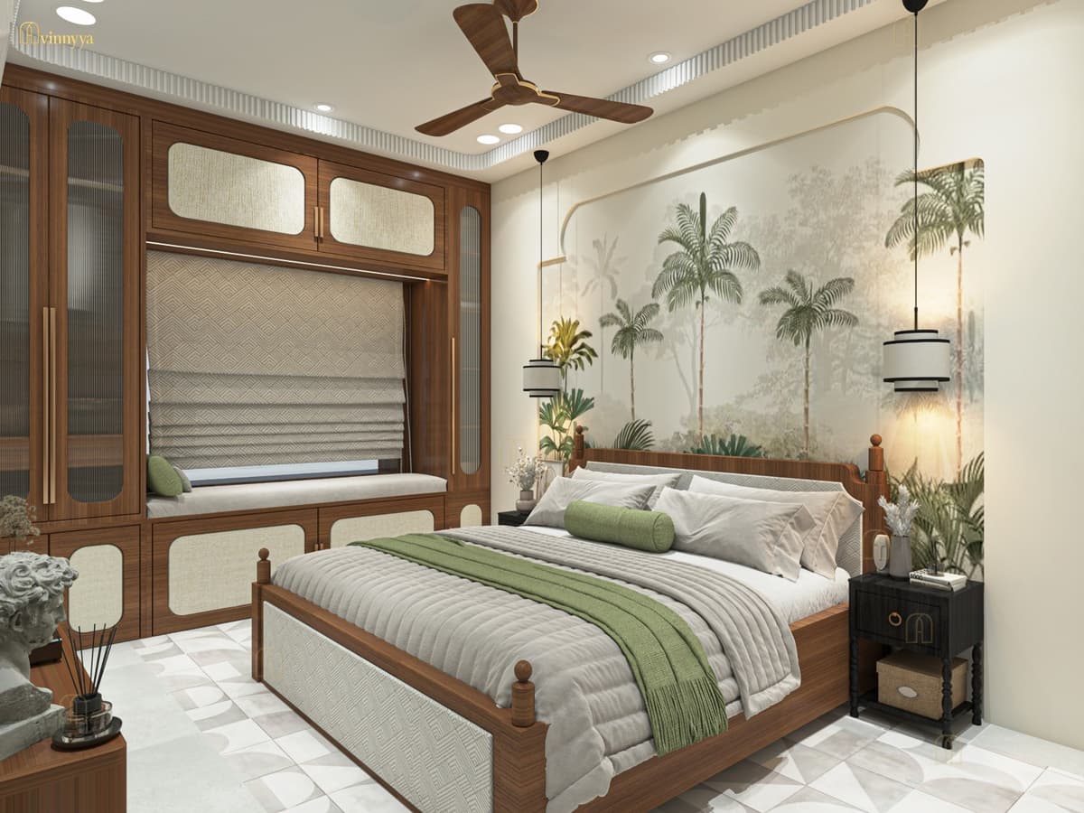 Bedroom with a palm mural and window seat — Sannidhi, Varanasi