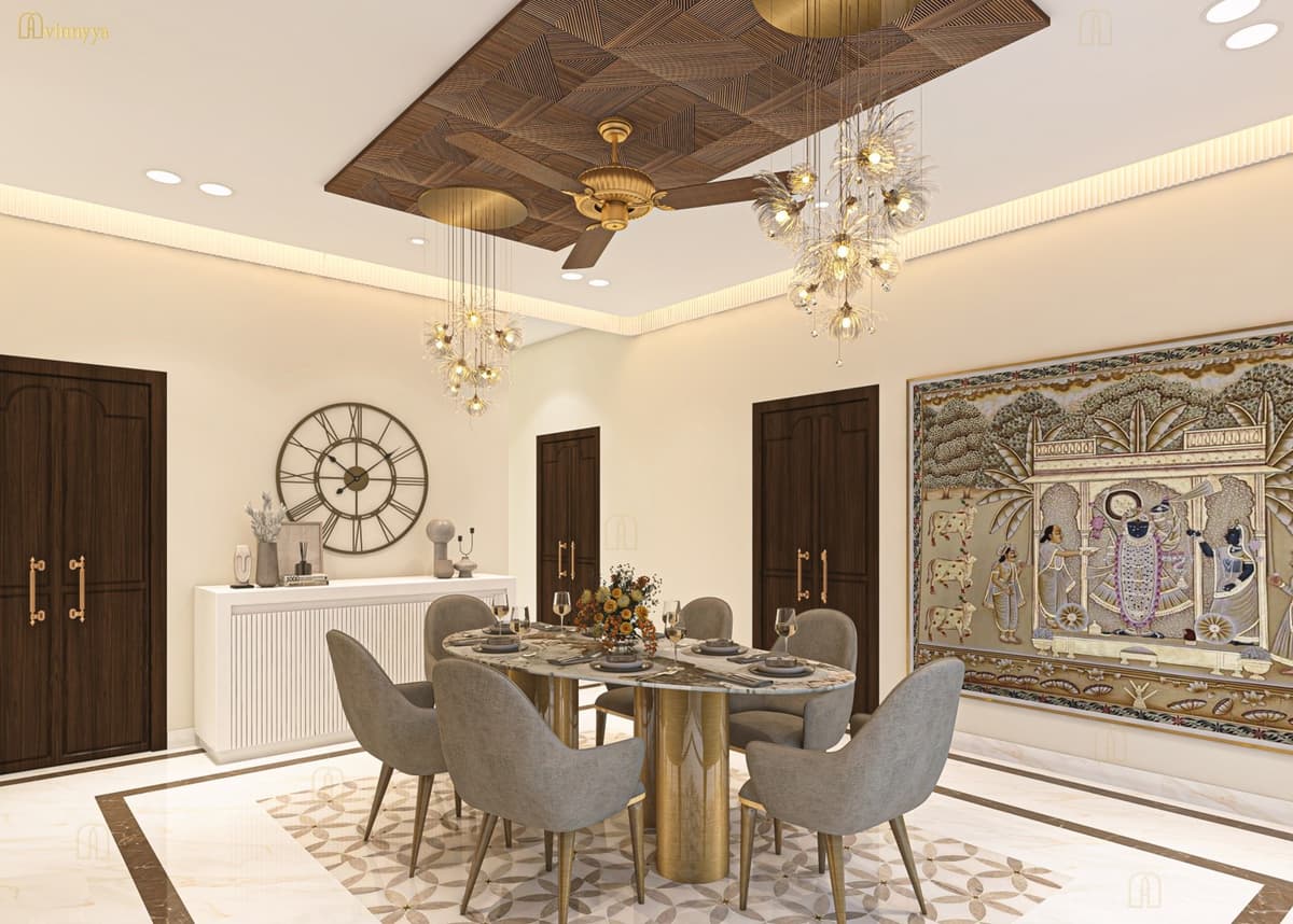 Dining room with a timber ceiling panel and Pichwai art wall — Sannidhi, Varanasi